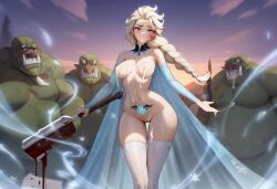 ai_generated bloody_weapon cum_in_mouth cum_on_breasts elsa_(frozen) female frozen_(film) male male/female orc pubic_tattoo slave slave_collar stockings succubus_tattoo weapon white_stockings