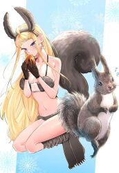 1girls ahoge animal animal_ears bikini black_bikini black_socks blonde_hair blue_background blue_eyes breasts brown_gloves cleavage collarbone dosanko_gal_wa_namara_menkoi eating fake_animal_ears fake_tail female food full_body fur_bikini gloves hair_behind_ear highres holding holding_food ikada_kai large_breasts large_tail long_hair looking_at_viewer minami_fuyuki multicolored_bikini multicolored_clothes musical_note navel nut_(food) official_art realistic sagging_breasts shounen_jump+ snowflakes socks squirrel squirrel_ears squirrel_tail swimsuit tail thighs two-tone_background very_long_hair whiskers white_background white_bikini