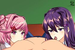 1boy 2girls clothed_female daviddv0601 doki_doki_literature_club female green_background hair_ornament human licking_male_nipple licking_nipples long_hair looking_at_viewer male male_nipple_stimulation mc_(doki_doki_literature_club!) multiple_girls natsuki_(doki_doki_literature_club) nipple_stimulation pink_eyes pink_hair pov purple_eyes purple_hair red_ribbon short_hair sucking_male_nipple sucking_nipples topless_male tsundere twintails uniform yuri_(doki_doki_literature_club)