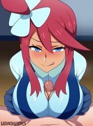 1girls blue_eyes blush gloves latina looking_at_viewer ludinsketches nintendo paizuri penis pokemon pokemon_bw pov precum red_hair skyla_(pokemon) titfuck titjob