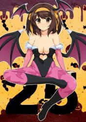 animal_print bat_print boots breasts brown_eyes brown_hair cleavage cosplay covered_navel darkstalkers female female hair_ornament haruhisky head_wings high_heel_boots high_heels highleg highleg_leotard highres large_breasts leotard looking_at_viewer looking_back morrigan_aensland morrigan_aensland_(cosplay) pantyhose shiny_skin sitting skin_tight smile solo suzumiya_haruhi suzumiya_haruhi_no_yuuutsu wings