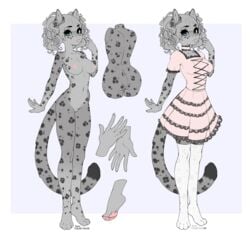 absurd_res anthro ass bangs black_spots blue_eyes breasts clothing curled_hair felid female fingers fur genitals grey_body grey_fur grey_spots hair hi_res junthebun legwear lily_(sakuradlyall) long_tail mammal model_sheet nipples pantherine pastel_lolita pawpads pink_nose pink_pawpads pussy snow_leopard socks solo spots