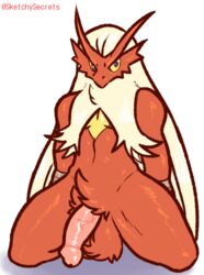 1boy 2020 abs anthro anthrofied avian bird blaziken blue_eyes digital_media_(artwork) erection eye_contact fur hair half-closed_eyes humanoid_genitalia humanoid_penis kneeling looking_at_viewer male male_only nintendo nude penis pokemon pokemon_(species) pokemon_rse pose secrets-from-dark simple_background solo testicles text veins veiny_penis video_games watermark white_background