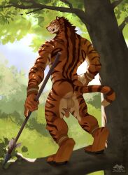 anthro ass backsack balls black_pawpads digitigrade dreamscape felid foreskin forest fur hi_res holding_melee_weapon holding_object holding_polearm holding_spear holding_weapon host looking_at_viewer looking_back looking_back_at_viewer male male_anthro male_only mammal melee_weapon orange_fur outdoor_nudity outdoors pantherine pawpads penis plant polearm solo spear standing striped_body striped_fur stripes tail tiger tree tribal uncut weapon whiskers yellow_eyes zephyxus