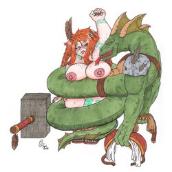 breasts captured caught chubby danger drawing dwarf dwarf_(warcraft) dwarf_female fat freckles ginger hammer large_breasts monster naga naked naughty nipples peril plump prisoner red_hair telsei_warhammer thick thick_thighs traditional world_of_warcraft wow