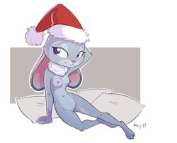 2019 anthro breasts buckteeth christmas clothing disney ears_down female fur genitals grey_body grey_fur hat headgear headwear hi_res holidays judy_hopps lagomorph leporid mammal mostly_nude navel nipples pillow pink_nose pivoted_ears purple_eyes pussy qrog rabbit santa_hat sitting small_breasts solo teeth zootopia