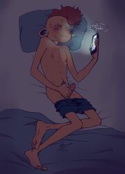 bed color fluffy_hair kalechip kalechippu lars_barriga looking_at_phone male_only masturbation motion_lines penis phone pubic_hair skinny_male solo solo_focus solo_male steven_universe sweat sweatdrop sweating weird