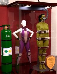 1girls bound bound_arms bound_legs completely_nude completely_nude_female green_skin mannequin marvel marvel_comics nude nude_female she-hulk thejpeger trophy_case unconscious unconscious_female