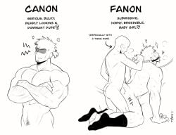 2boys anal anal_penetration anal_sex ass beard_stubble big_bottom_small_top big_sub_small_top canon_vs_fanon collar doodlefish75 duo ear_piercing fucked_from_behind gag gay happy_trail hi_res humor larger_male male male/male male_focus male_only meme muscular muscular_male no_color pecs pectorals penetration ponytail pubes pubic_hair pulling_hair scar small_dom_big_sub socks white_background yaoi