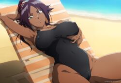 1girls ai_generated artist_name artkoikoi beach beach_chair big_breasts bleach bleach:_the_thousand-year_blood_war breast_grab breasts brown_skin cameltoe chair cleavage curvaceous dark-skinned_female dark_skin erect_nipples erect_nipples_under_swimsuit female female_focus grabbing_own_breast huge_breasts koikoi long_hair nai_diffusion one-piece_swimsuit outdoors patreon_username purple_hair reclining seaside shihouin_yoruichi smile solo stable_diffusion swimsuit thick_thighs thighs url very_long_hair voluptuous watermark web_address yellow_eyes