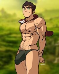 1boy avatar_legends balls bara barazoku big_bulge black_hair bolin bulge fire_ferret gay green_eyes huge_bulge male male_focus male_nipples male_only manly muscular_male nickelodeon nipples pabu penis penis_outline solo solo_male the_legend_of_korra thong toastwire underwear yaoi