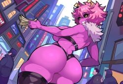 1girls ai_generated ashido_mina ass big_ass dat_ass female holding_money large_breasts mina_ashido money mullon my_hero_academia novelai pink_skin prostitute prostitution public revealing_clothes street