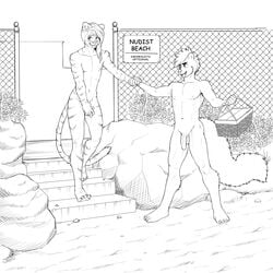 1:1 4_toes anthro balls black_text blush covering covering_crotch eldiman english_text feet felid flaccid fur genitals hand_holding hi_res holding_object humanoid_feet male male_only mammal mink monochrome mustelid musteline nude open_mouth outside pantherine penis stairs striped_body striped_fur stripes text tiger toes