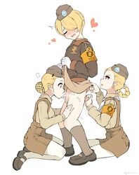 3girls anal_fingering blonde_hair blush braid cum cum_in_mouth fellatio fingering futa_with_female futanari garrison_cap girls'_frontline hair_bun hair_net hair_over_one_eye hat heart highres intersex kim_da-yoon kneeling m2_(girls'_frontline) military military_hat military_uniform multiple_girls necktie open_mouth oral penis philipposter prostate_milking red_eyes short_hair simple_background skirt socks teamwork uniform white_background