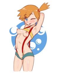 1girls armpits arms_behind_head blue_eyes blush dzyer hair_tie ineffective_clothing kasumi_(pokemon) looking_at_viewer nintendo orange_hair pokemon puffy_nipples red_hair short_shorts shorts simple_background small_breasts smile sweat teenager tongue_out wink