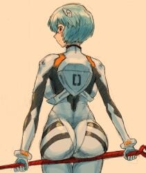 1girls ass blue_hair bodysuit breasts butt female female_focus female_only goodsleepy2 gussuripii human lance_of_longinus neon_genesis_evangelion pale-skinned_female pale_skin pilot_suit plugsuit rei_ayanami short_hair solo solo_female solo_focus white_hair