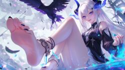 ai_generated blue_eyes blue_toenails colored_nails demon_girl foot_fetish foot_focus open_mouth original_character purple_clothing sharp_nails sharp_toenails visiuun white_hair