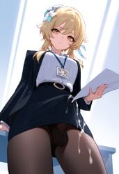 1futa ai_generated balls balls_under_clothes balls_under_pantyhose black_jacket black_skirt breasts bulge bulge_through_clothing clothed cum cum_drip cum_on_pantyhose cum_on_penis cum_through_clothes cumdrip cumdrip_through_pantyhose cumming cumshot dickgirl doseogwan ejaculate ejaculating ejaculating_cum ejaculation ejaculation_under_clothes employee_uniform futa_bulge futa_only futanari genshin_impact hair_feather hair_flower hands-free handsfree_ejaculation id_card indoors jacket looking_at_viewer lumine_(genshin_impact) miniskirt name_tag office office_clothing office_lady orgasm_without_stimulation pencil_skirt penis_bulge penis_under_skirt short_skirt skirt solo solo_futa standing tenting tight_skirt tube_skirt visible_penis_shape white_shirt yellow_eyes