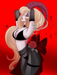 2d ady_laine black_bra black_panties blonde_hair demon demon_horns garter hazbin_hotel lilith_morningstar_(hazbin_hotel) lingerie long_hair medium_breasts milf mother pinup rose rose_(flower) succubus vivienne_medrano