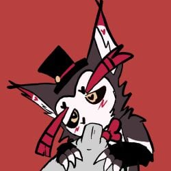 anonymous_character blowjob blowjob_gesture blush bowtie cat_ears claws deep_blowjob deep_penetration deepthroat demom demon_boy gay gay_blowjob gay_furry gray_fur hasbin_hotel hell husk husk_(hazbin_hotel) long_ears long_eyebrows oral_penetration oral_sex red_fur tophat yellow_eyes