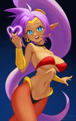 1girls absurdres bare_shoulders black_background blue_background blue_eyes breasts cleavage collarbone dark-skinned_female dark_skin female female_only genie gradient_background heart highres long_hair looking_at_viewer nintendo paid_reward_available patreon_username pointy_ears purple_hair revenantart shantae shantae_(character) signature solo tiara very_long_hair