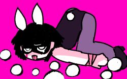 1boy black_eyes black_hair bunny_costume bunnysuit cotton_tail crossover friday_night_funkin friday_night_funkin_lullaby grey_(hypnos_lullaby) hypnos_lullaby kuuderealt pink_nose rabbit_ears rabbit_hole_(cosplay) rabbit_hole_(deco*27/caststation) rabbit_hole_(vocaloid) rabbit_tail tongue_out