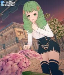 1girls 3d bangs bare_thighs bent_over breasts drill_hair fefreak726 female female_only fire_emblem fire_emblem:_three_houses flayn_(fire_emblem) flower garreg_mach_monastery_uniform green_eyes green_hair highres long_hair long_sleeves nintendo open_mouth outdoors panties pantyshot pantyshot_(standing) small_breasts smile solo sunset thighhighs thighs tree upskirt white_panties