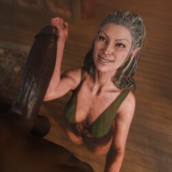 3d baldur's_gate baldur's_gate_3 big_penis cock_worship dark-skinned_male dark_skin derpderp dungeons_and_dragons forearm_cock forgotten_realms gilf huge_cock interracial jaheira measuring measuring_penis milf older_female penis_awe