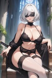 ai_generated breasts female huge_breasts lewdwaifulaifu lingerie nier nier:_automata nier_(series) robot_humanoid silver_hair sitting sword thick_thighs thighs weapon yorha_2b