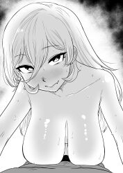 1boy 1girls big_breasts blush breasts female female_on_top hanging_breasts huge_breasts imminent_sex kaiman_garupan large_breasts long_hair looking_at_viewer male male_pov monochrome nijisanji nude nude_female nui_sociere pov pov_eye_contact shiny_skin smile straight sweat virtual_youtuber