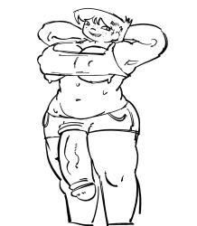 1futa arms_behind_head belly big_breasts blankate breasts clothed clothing crop_top flaccid freckles_on_face futa_only futanari huge_cock human mostly_clothed muscular muscular_futanari nipples_visible_through_clothing penis penis_through_leghole shorts sketch solo standing sweat sweaty_body underboob