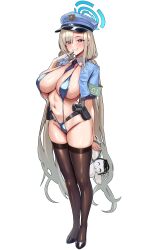 1girl 1girls asuna_(blue_archive) bikini blonde_hair blue_archive blue_eyes breasts doodle_sensei_(blue_archive) female halo hat highres hips huge_breasts light-skinned_female long_hair onedoo sling_bikini thick_thighs thighs valkyrie_police_school_student_(blue_archive)_(cosplay) wide_hips