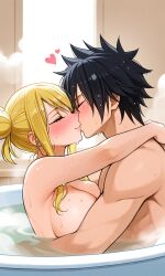 ai_generated bathtub black_hair blonde_hair blushing_at_partner breasts bun fairy_tail gray_fullbuster hair_tied_up kissing lucy_heartfilia pixai romantic_couple steam water wholesome