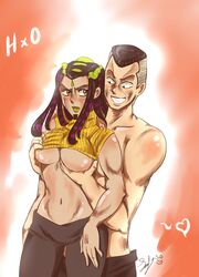 1boy 1girls 2015 bare_arms bare_shoulders big_breasts black_eyes black_hair blush braid braided_hair breast_grab breasts brown_eyes crack_pairing dark-skinned_female dark_skin diamond_is_unbreakable ermes_costello female grabbing grabbing_from_behind green_lipstick heart highres human jojo's_bizarre_adventure large_breasts lipstick long_hair looking_at_another looking_back male marlendlucy multicolored_hair muscles muscular muscular_male navel okuyasu_nijimura open_mouth pants pants_down pompadour purple_highlights short_hair shounen_jump signature stone_ocean straight sweat sweater_lift teeth tied_hair topless turtleneck two_tone_hair underboob