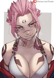 1girls big_breasts cleavage eyebrows eyelashes female female_only foonie_xd itadori_yuuji jujutsu_kaisen large_breasts long_hair looking_at_viewer looking_back pink_eyes pink_hair red_hair rule_63 ryoumen_sukuna_(jujutsu_kaisen) solo solo_female solo_focus tattoo tattoos