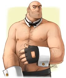 1boy bald bald_man bowtie cuffs cuffs_(clothing) fat_man giant_male hairy_male heavy_weapons_guy lintufriikki male_focus male_only overweight overweight_male pinup shirtless solo solo_male suggestive team_fortress_2