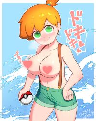 asymmetrical_hair blush breasts creatures_(company) denim denim_shorts female game_freak gen_1_pokemon green_eyes hair_between_eyes hair_tie highres kasumi_(pokemon) large_breasts looking_at_viewer navel nintendo orange_hair poke_ball pokemon pokemon_(anime) pokemon_(classic_anime) ponytail short_hair shorts side_ponytail simple_background smile solo suspender_shorts suspenders tank_top thick_thighs thighs yonaki