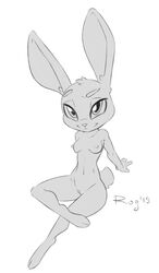 2019 absurd_res anthro breasts disney female fur genitals head_tuft hi_res judy_hopps lagomorph leporid mammal monochrome navel nipples nude pussy qrog rabbit simple_background sitting small_breasts smile solo tuft white_background zootopia