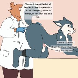 2boys anal anal_sex animated anthro aricks137 ass ass_up bear blue_eyes blush bodily_fluids brown_body canid canine canis clothing dialogue digital_media_(artwork) doggy_style domestic_dog dripping duo ears_down english_text from_behind_position fur genital_fluids genitals grey_body husky inner_monologue leaking_precum male male/male male_penetrated male_penetrating male_penetrating_male mammal medical_gloves nordic_sled_dog nude penetration penis pink_nose pivoted_ears precum precum_drip prostate_exam prostate_stimulation raised_tail robe sex simple_background spitz tail text white_clothing white_robe yaoi