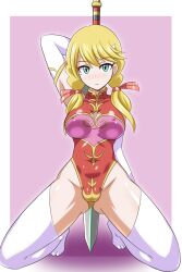 1girls artist_request blonde_hair blue_eyes blush bodysuit cameltoe code_geass highleg oldrin_zevon squatting sword tight_clothing