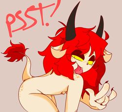 1boy anthro butt_freckles femboy freckles furry goat horns male male_only mischievous penis pinkeyesoda raspberry red_hair smile smiling solo tail thighs tongue_out yellow_eyes