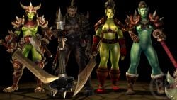 2022 3d 3d_(artwork) 4girls artist_logo axe black_hair breasts brother_fuzzman brown_hair dark-skinned_female dark_skin female female_orc green_skin hammer nipples orc orc_female partially_clothed partially_nude sword tusks warcraft world_of_warcraft