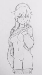 admiral_bahroo big_breasts blush breasts exposed_breasts exposed_pussy female female_only hood_down hoodie indie_virtual_youtuber looking_at_viewer mascot nipples nude nude_female original_character ponytail pussy rob_ishi samantha_(admiral_bahroo) shaved_pussy shirt_lift sketch smile sweater thighhighs virtual_youtuber