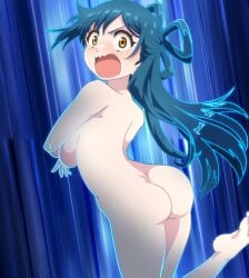 absurdres anime_screencap ass azuma_himari_(mato_seihei_no_slave) back blue_hair blush breasts completely_nude covering_breasts covering_privates feet female highres large_breasts mato_seihei_no_slave nude open_mouth screencap sideboob stitched thighs third-party_edit yellow_eyes