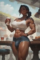 ai_generated ai_hands bracelet bulge choker crop_top dark-skinned_futanari futanari glasses hoop_earrings jorts muscular_futanari penis_under_clothes ponytail santarvengar smile stable_diffusion tagme