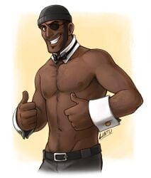 1boy bowtie cuffs cuffs_(clothing) dark-skinned_male demoman demoman_(team_fortress_2) eyepatch lean_muscle lintufriikki male_focus male_only muscular_male pinup shirtless solo solo_male suggestive team_fortress_2 thumbs_up