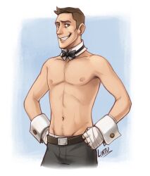 bowtie cuffs cuffs_(clothing) light-skinned_male lintufriikki male_focus male_only pinup scout scout_(team_fortress_2) shirtless skinny skinny_male solo_male suggestive team_fortress_2 twink