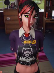 1girls 3d bedroom black_hair bracelets clothed darkbahamuth earrings eyebrows eyelashes female female_only fortnite freckles green_eyes hands_behind_back helsie_(fortnite) indoors jewelry lips looking_at_viewer midriff multicolored_hair navel necklace necktie petite pinup red_and_black_hair red_hair room shy solo teenage_girl teenager young younger_female