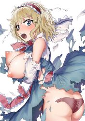 absurdres alice_margatroid ass blonde_hair blue_dress blue_eyes blush breast_hold breasts breasts_out capelet cowboy_shot crying crying_with_eyes_open dissolving_clothes dress embarrassed female frilled_hairband frilled_neckwear frilled_sash frills gunnjou_yosio hairband highres large_breasts lolita_hairband looking_at_viewer nipples no_bra open_mouth panties red_hairband red_neckwear red_panties red_sash sash short_hair simple_background solo streaming_tears tears torn_capelet torn_clothes torn_dress torn_panties torn_sleeves touhou twisted_torso unaligned_breasts underwear white_background white_sleeves