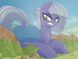 angry anus_outline bodily_fluids equid equine female feral friendship_is_magic furry hi_res horse limestone_pie_(mlp) looking_back lying macro mammal my_little_pony nignogs on_front pony sweat teeth tree